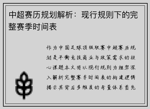 中超赛历规划解析：现行规则下的完整赛季时间表
