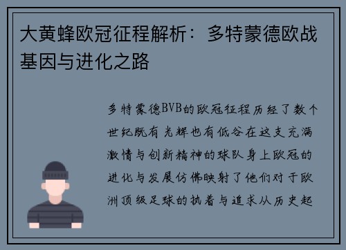 大黄蜂欧冠征程解析：多特蒙德欧战基因与进化之路